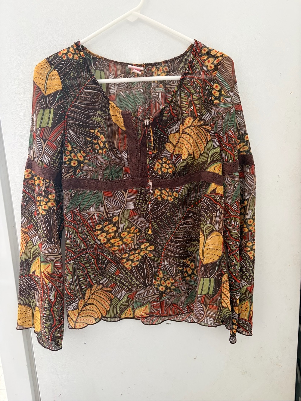 Xhilaration Brown and Yellow Sheer Boho Floral Blouse